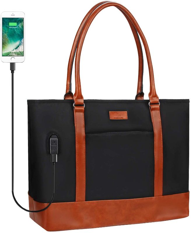 Photo 1 of Laptop Tote Bag for Women, USB Laptop Tote Bag, Teacher Bag, Waterproof Leather Laptop Bag Fit 15.6 Inch Laptop (Black Brown)