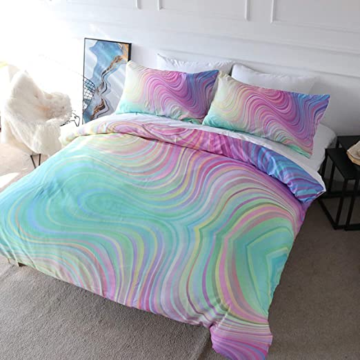 Photo 1 of  Blessliving 3D Modern Pattern Bedding Set Duvet Cover Set Pastel Rainbow Marble, 3 Pieces Bed Sets with 2 Pillow Cases (Twin)