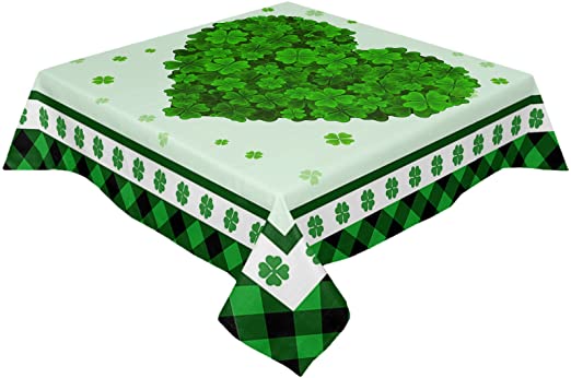 Photo 1 of ZEREAA St. Patrick's Day Rectangle Table Cloth, Farmhouse Clover Love Heart Fresh Green Plaid Tablecloth Waterproof Anti-Shrink Soft and Wrinkle Resistant Decoration Fabric Table Cover for Kitchen (52X52)INCH
