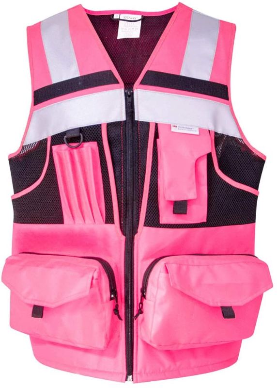 Photo 1 of 3M Reflective stripes Safety Vest Hi-vis Pink knitted Vest with 10 pockets Bright Construction Workwear for men and women. (Pink, 5XL)
