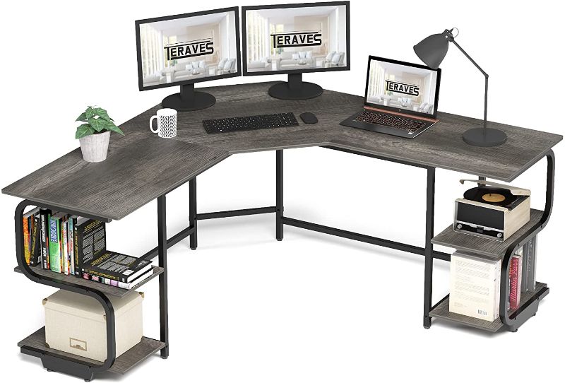 Photo 1 of Teraves Modern L Shaped Desk with Shelves,Computer Desk/Gaming Desk for Home Office,Corner Desk with Large Desktop (Black Oak+Black Frame, Large+4 Tier Shelves)
