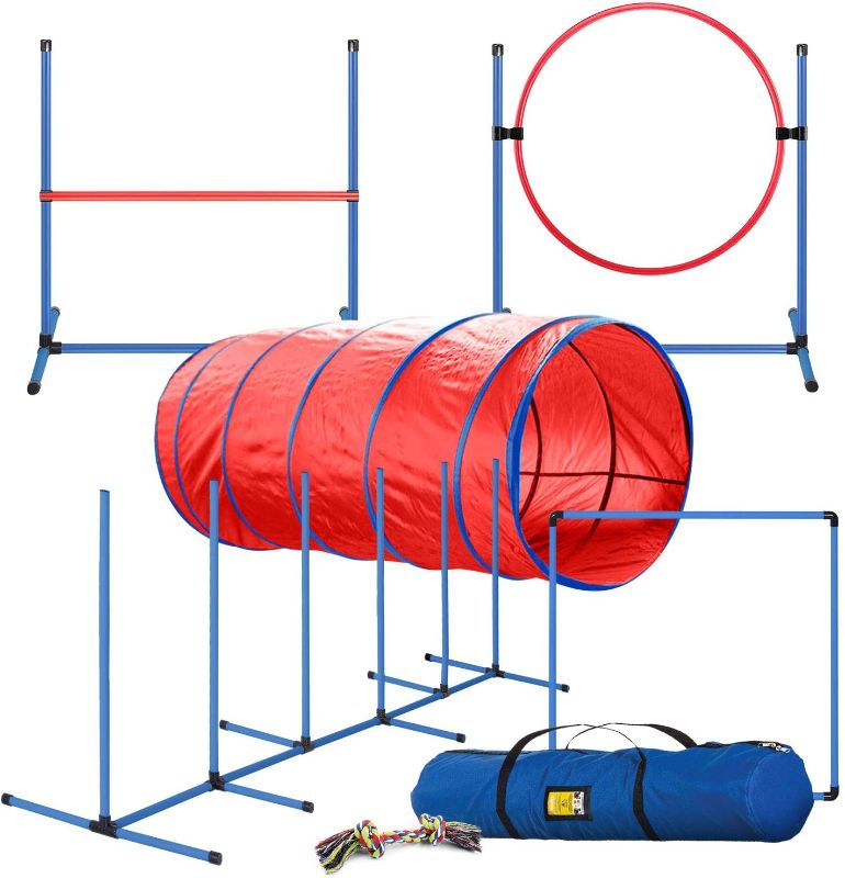 Photo 1 of CHEERING PET, Premium Dog Agility Equipment Set, 5 Pieces of Dog Training Fun, Tunnel, Dog Jump, Hoop, Weave Poles and Easy Carry Case Indoor or Outdoor Dog Agility Training…
