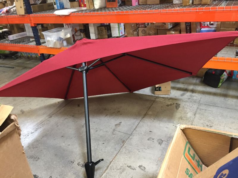 Photo 3 of 9-Foot Treasure Garden (Model 920) Push Button-Tilt Market Umbrella with Bronze Frame and Obravia2 Fabric: Red

