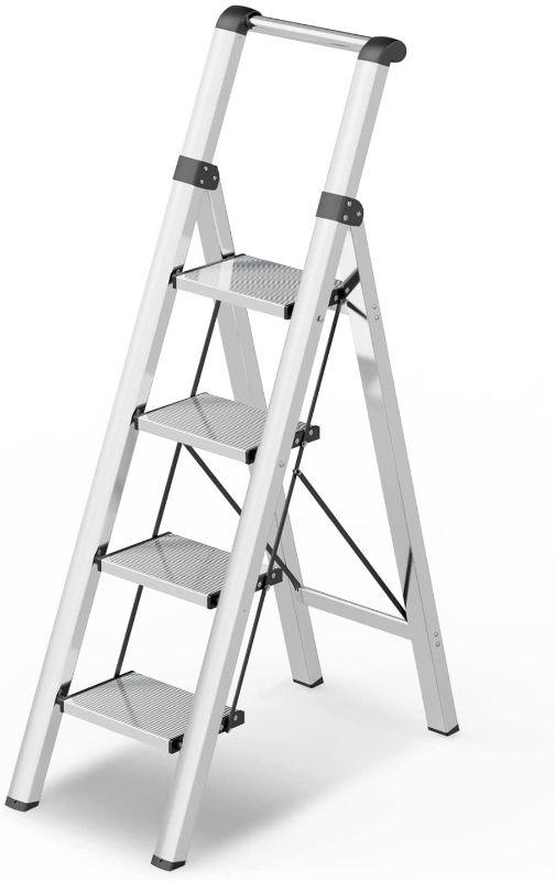 Photo 1 of 4 Step Lightweight Aluminum Ladder Folding Step Stool Stepladders with Anti-Slip and Wide Pedal for Home and Kitchen Use Space Saving (Silver)
