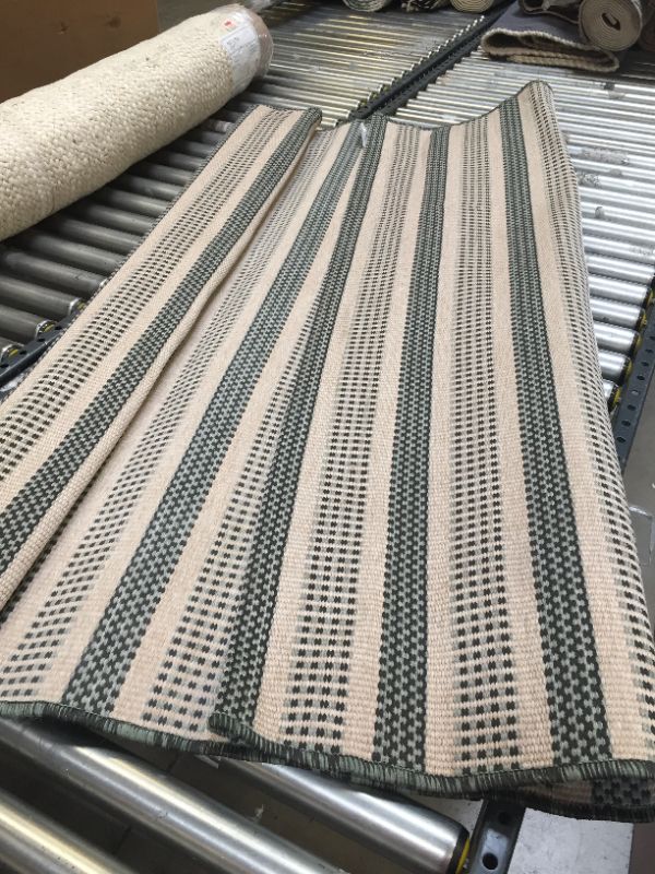 Photo 2 of 5' x 7' Powerloom Stripe Outdoor Rug Sage/Charcoal Gray - Threshold designed wit
