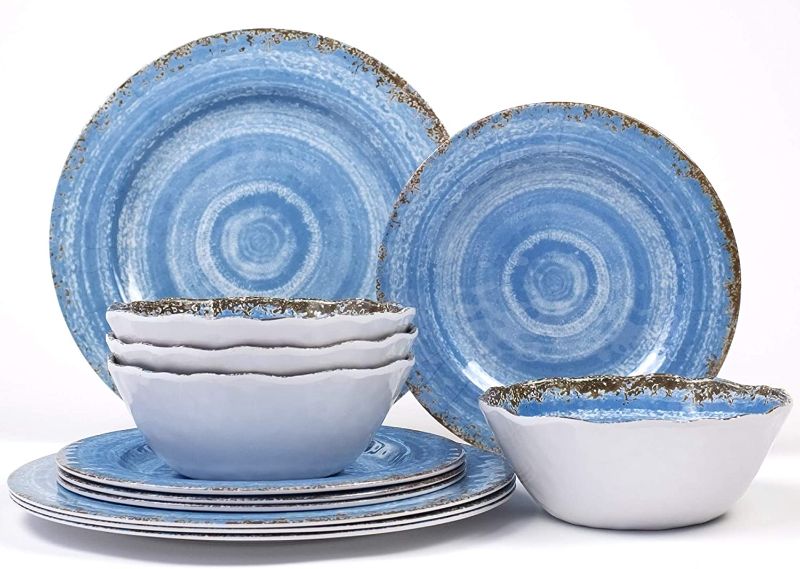 Photo 1 of 12-Piece Melamine Dinnerware Set - for Outdoor/Indoor Use, Shatterproof, Lightweight, BPA Free, Service for 4 Rustic Blue
