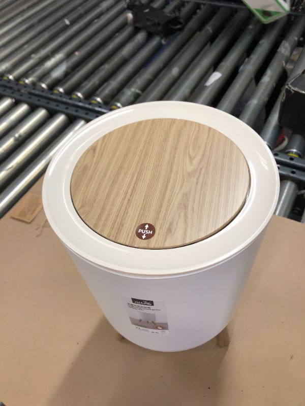 Photo 1 of 7L Rubbish Bin White Plastic with Wood-Grain Round Lid High Feet Push Switch Waste Container Trash Garbage Can for Bedroom Living Room Office
