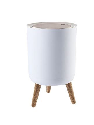 Photo 1 of 7L Rubbish Bin White Plastic with Wood-Grain Round Lid High Feet Push Switch Waste Container Trash Garbage Can for Bedroom Living Room Office
