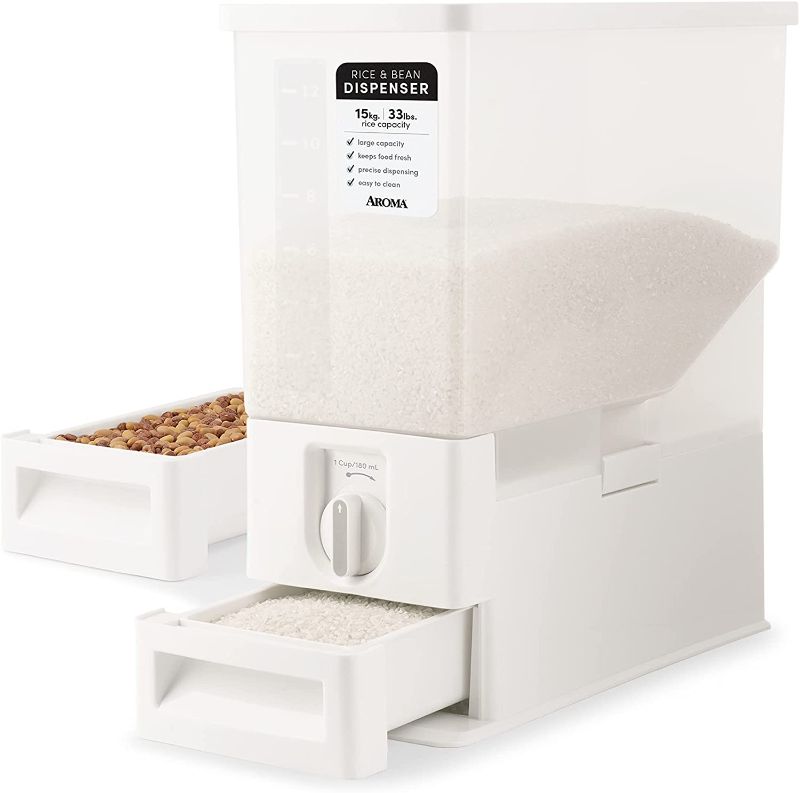 Photo 1 of Aroma Housewares 33 lbs Rice & Bean Dispenser, Dry Food Storage Bin (ARD-133), White
