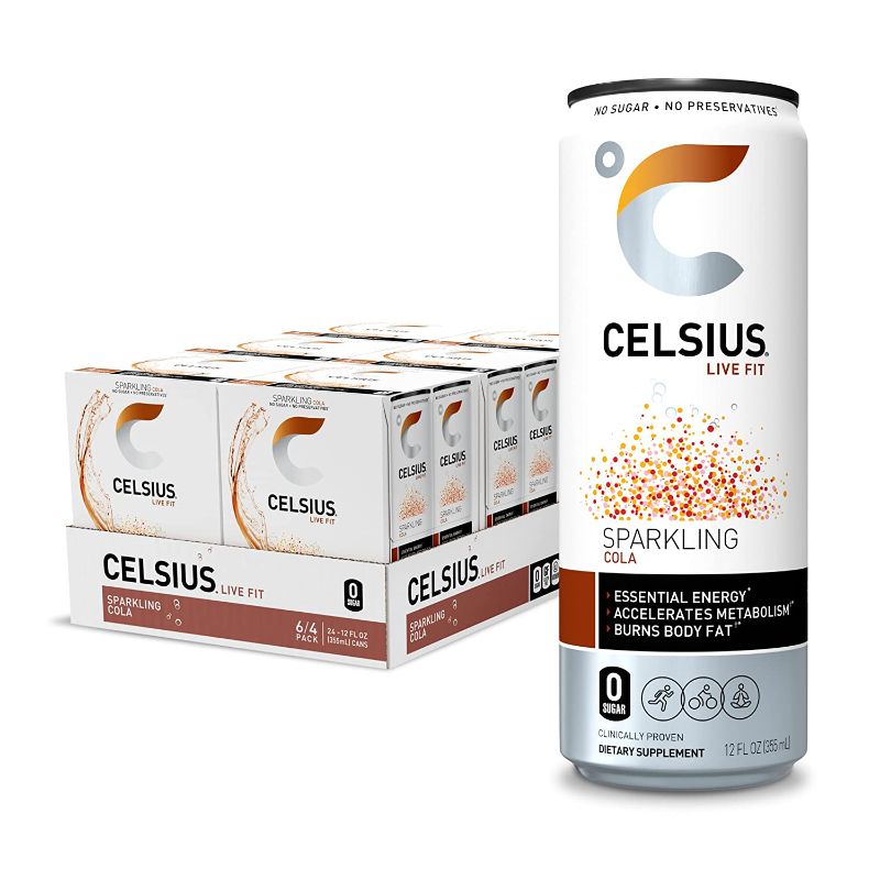 Photo 1 of CELSIUS Essential Energy Drink 12 Fl Oz, Sparkling Cola (Pack of 24) exp 10/22
