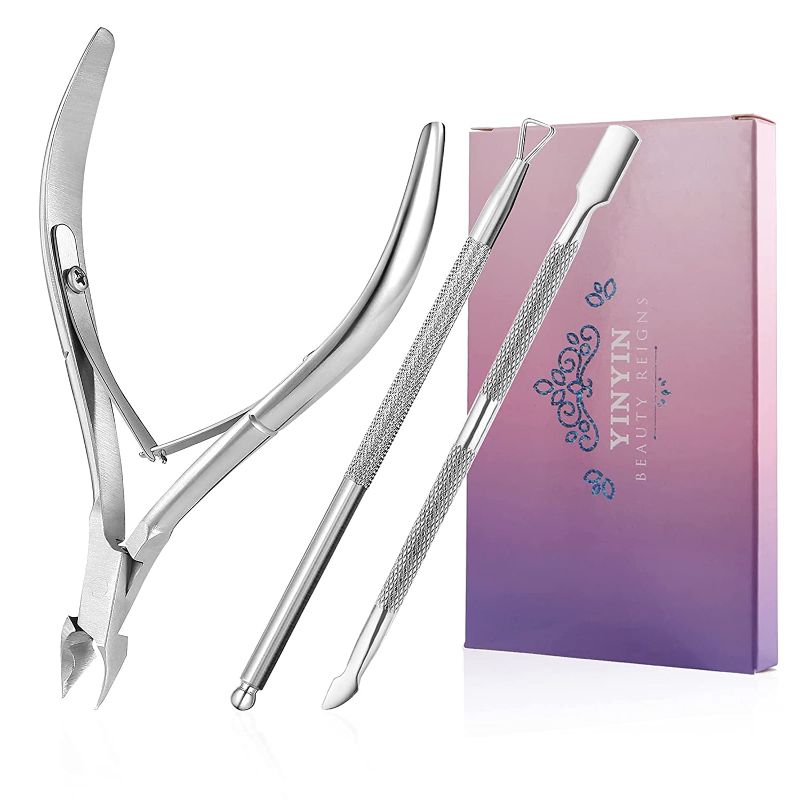 Photo 1 of Cuticle Trimmer with Cuticle Pusher -YINYIN Cuticle Remover Cuticle Nippers Professional Stainless Steel Cuticle Pusher and Cutter Clippers Durable Pedicure Manicure Tools for Fingernails and Toenails
