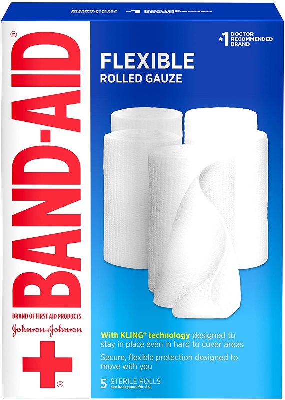 Photo 1 of Band-Aid Brand of First Aid Products Flexible Rolled Gauze Dressing for Minor Wound Care, Soft Padding and Instant Absorption, Sterile Kling Rolls, 4 Inches by 2.1 Yards, Value Pack, 5 ct
