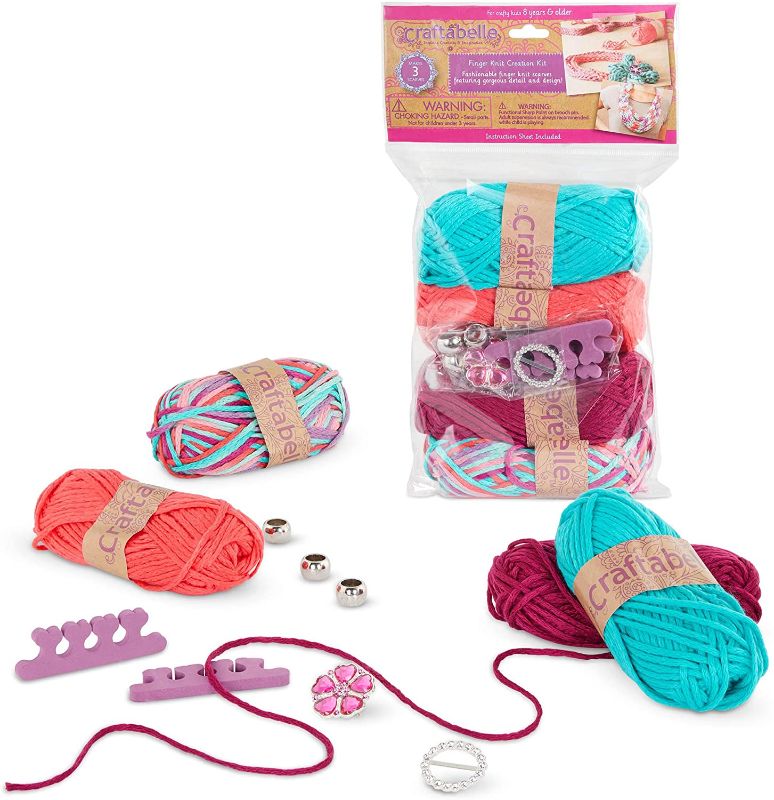 Photo 1 of Craftabelle – Finger Knit Creation Kit – Beginner Knitting Kit – 11pc Weaving Set with Yarn and Accessories – DIY Craft Kits for Kids Aged 8 Years +
