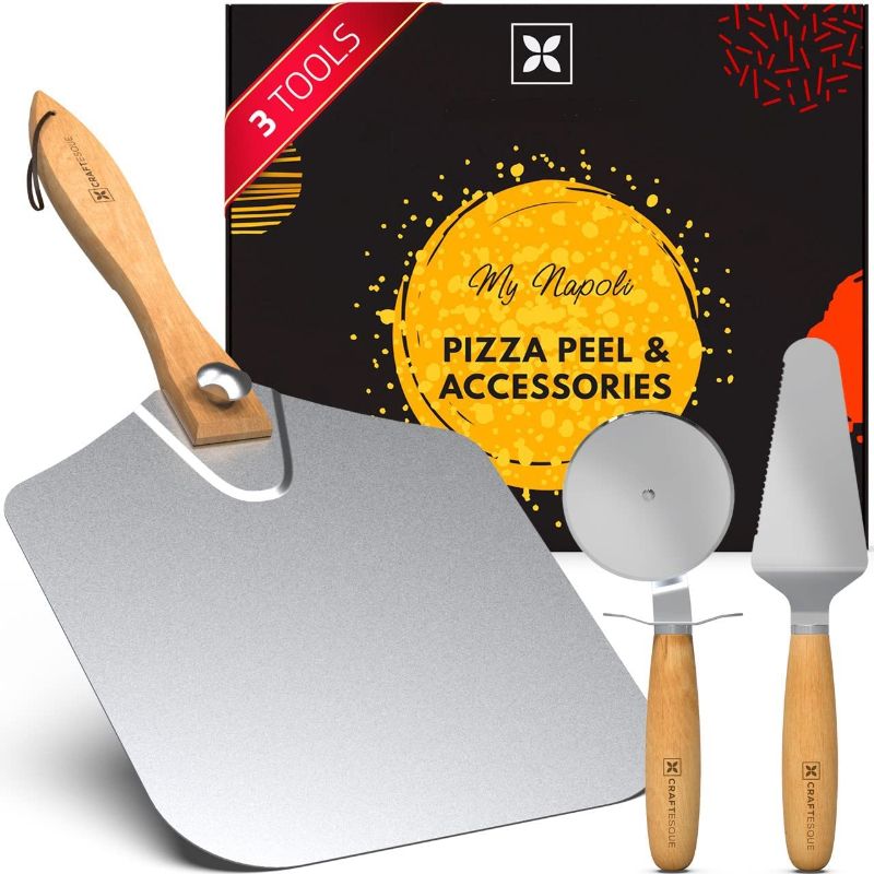 Photo 1 of CRAFTESQUE Pizza Peel Set - Aluminum Pizza Paddle 12 inch x 14 inch with Long Folding Handle + Stainless Steel Pizza Cutter & Pizza Server | Pizza Shovel | Pizza Spatula | Pizza Tools
