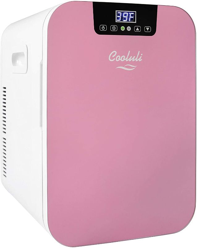 Photo 1 of Cooluli 20L Mini Fridge For Bedroom - Car, Office Desk & College Dorm Room - Glass Front & Digital Temperature Control - Small 12v Refrigerator for Food, Drinks, Skincare, Beauty & Breast Milk (Pink)
