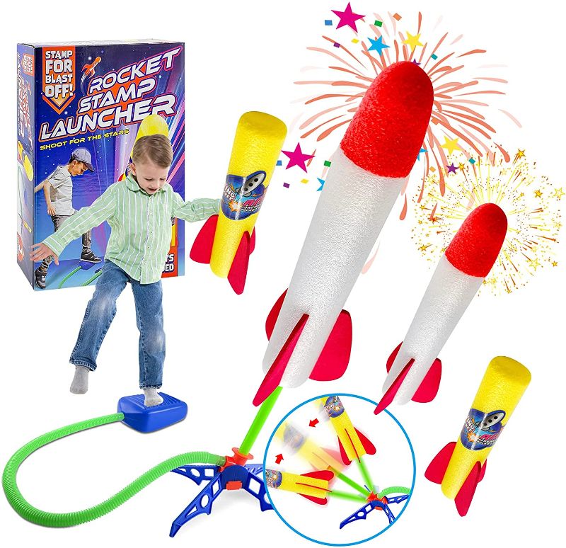 Photo 1 of Toy Air Rocket Launcher for Kids Glows in The Night Shoots Up to 100 Feet-4 Rockets and Jump Rocket Launchers Fun Outdoor Game for Boys Girls, Christmas & Birthday Gift for 3 Year Old and Up
