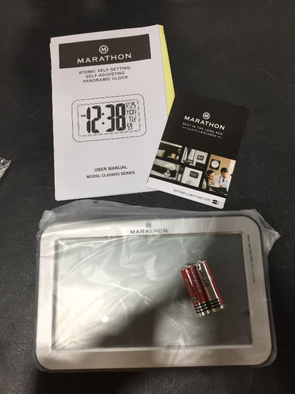 Photo 1 of MARATHON Commercial Grade Panoramic Autoset Atomic Digital Wall Clock with Table or Desk Stand, Date, and Temperature, 8 Time Zone, Auto DST, Self Setting, Self Adjusting, Batteries Included (Silver)
