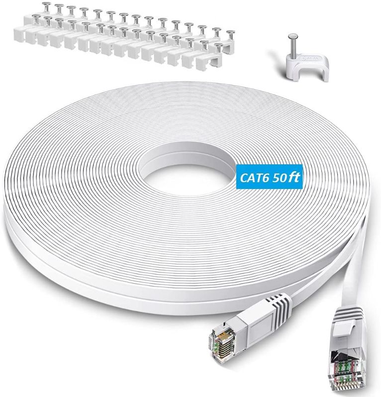 Photo 1 of 50ft Ethernet Cable High Speed, Cat6 Long Thin Internet Network Cable 50 ft, Flat Computer LAN Cord with RJ45 Connector, Cat 6 Cable for Xbox, Router, Modem (White, 20 Clips 2 Labels)

