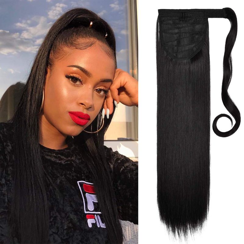 Photo 1 of SHEDOWIG Ponytail Extension Wrap Around Long Straight Clip in Ponytails Hair Extensions for Women 26 Inch Synthetic Hairpiece Brownish Black
