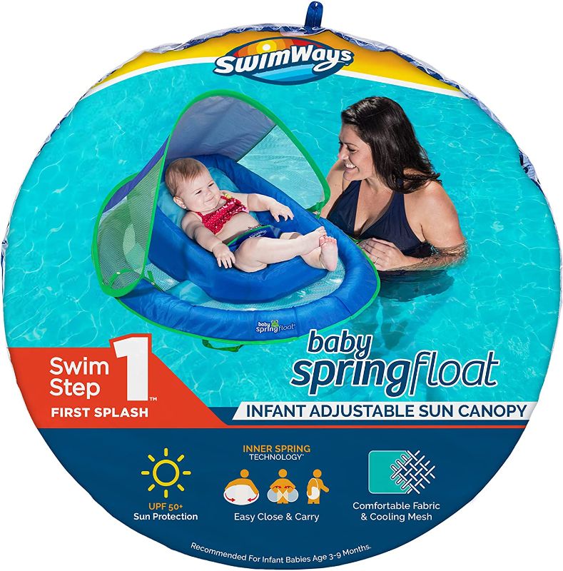 Photo 1 of SwimWays Inflatable Infant Baby Spring Swimming Pool Float with Canopy, Blue
