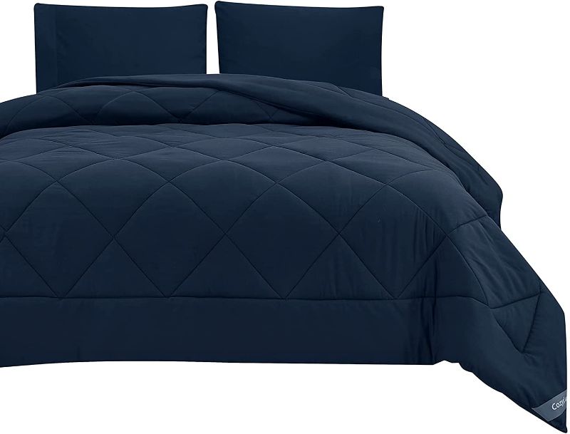 Photo 1 of CozyLux Queen Navy Blue Comforter for All Season, Premium 1800 Series Down Alternative Quilted Duvet Insert for Bed with Corner Tabs, 300GSM Soft Microfiber Fill and Machine Washable (88" x 88")
