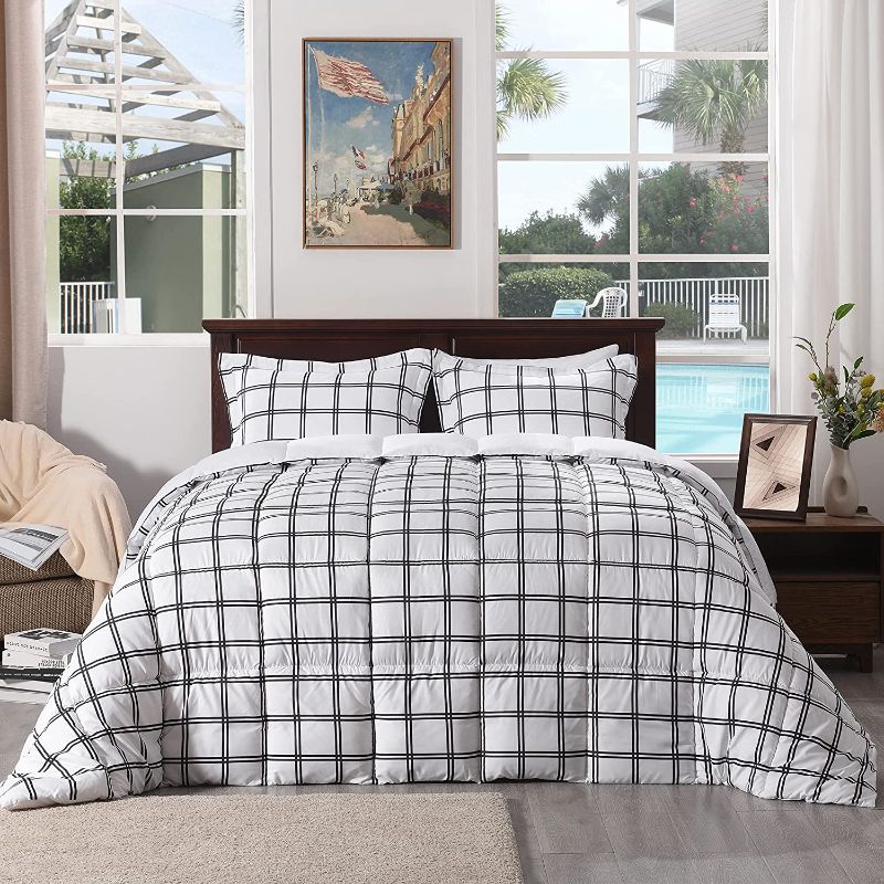 Photo 1 of Basic Beyond Queen Size Comforter Set 3 Piece Double-Line Plaid Microfiber Down Alternative Comforter for All Season (1 Grid Comforter with 2 Pillowcases, White/Black)
