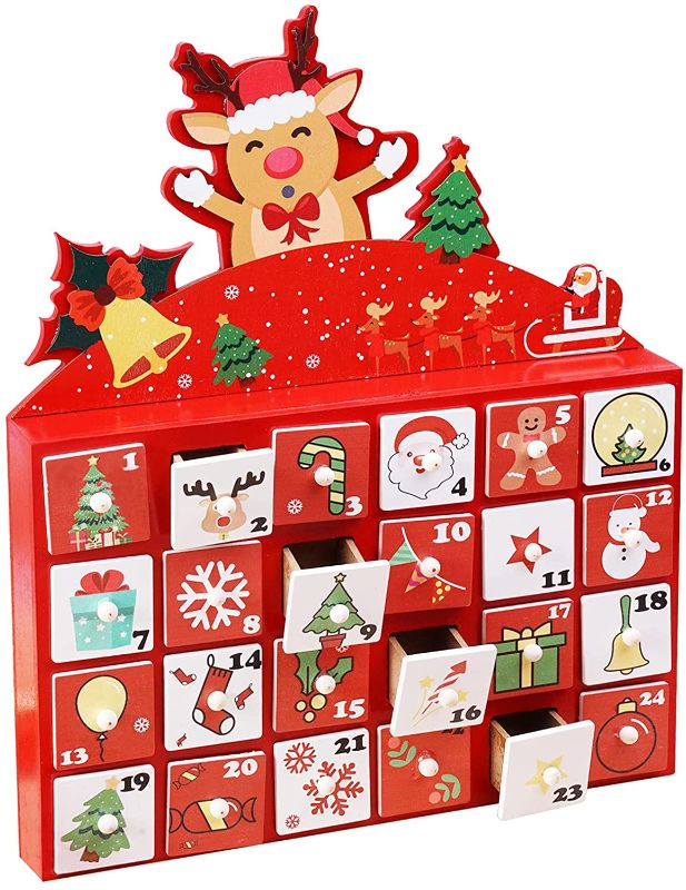 Photo 1 of GEKUPEM Christmas Wooden Advent Calendar with Drawers 24 Day Countdown to Christmas Refillable Wooden Advent Cute Holiday Decoration
