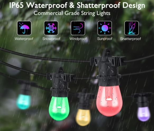 Photo 1 of  Multicolor Outdoor String Lights, RGB & White Patio Lights with Shatterproof LED Bulbs, WiFi App Control IP65 Waterproof Color Changing Cafe Bistro Lights