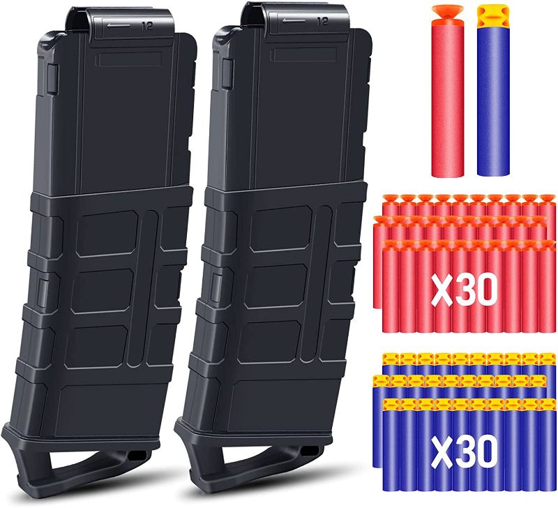 Photo 1 of POKONBOY 12-Dart Quick Reload Clip with 60 Pcs Refill Darts, Soft Bullet Magazine Clip Fit for Nerf N-Strike Elite Series set of 2