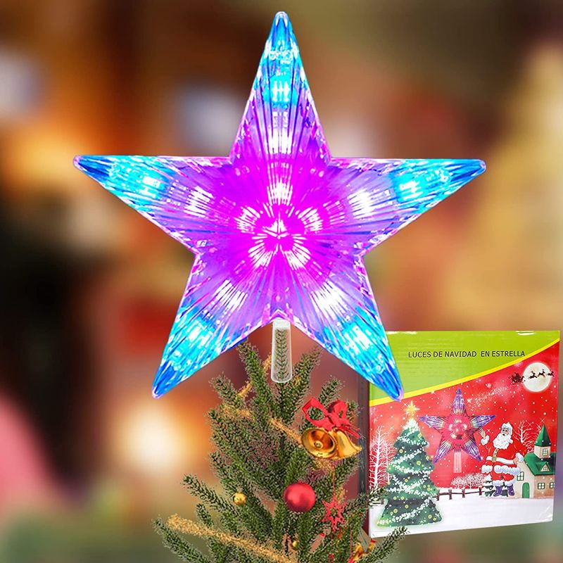 Photo 1 of GIMURM Christmas Star Tree Topper Lights, Automatic Color Changing RGB Night Light Treetop, 9 inch Star Treetop Christmas Tree with 31 LED&16 Colors Light for Indoor Outdoor Christma Decorations
