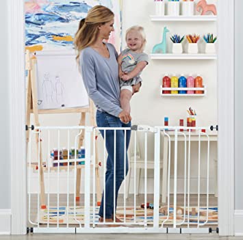 Photo 1 of Regalo 56-Inch Extra WideSpan Walk Through Baby Gate, Includes 4-Inch, 8-Inch and 12-Inch Extension, 4 Pack of Pressure Mounts and 4 Pack of Wall Cups and Mounting Kit, White
