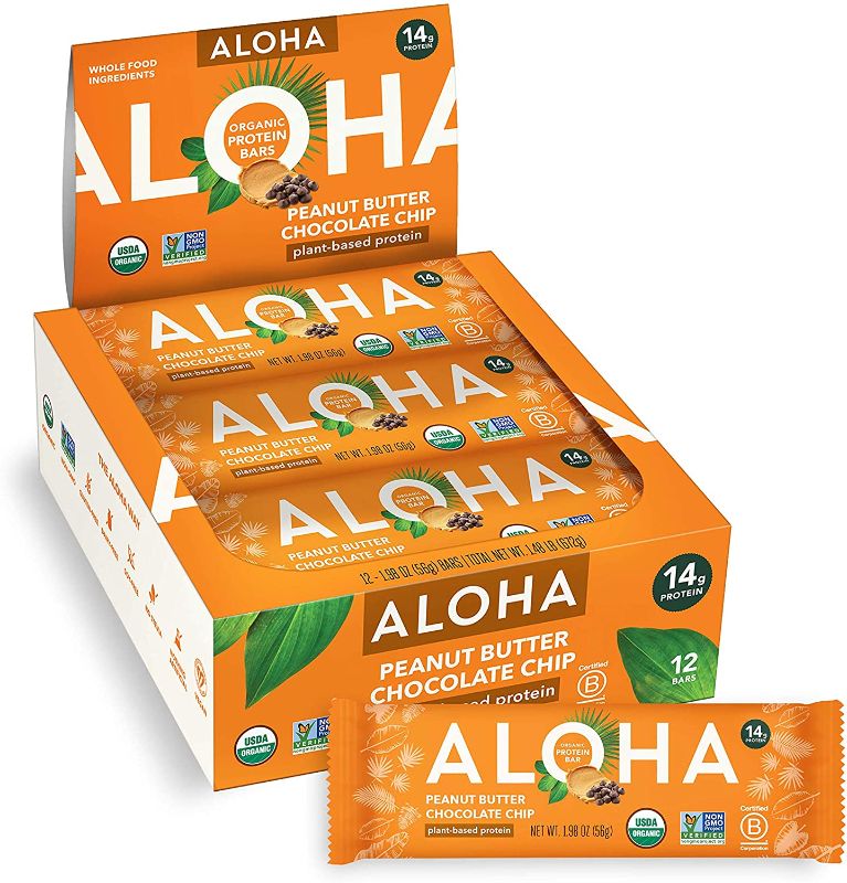 Photo 1 of ALOHA Organic Plant Based Protein Bars |Peanut Butter Chocolate Chip | 12 Count, 1.98oz Bars | Vegan, Low Sugar, Gluten Free, Paleo, Low Carb, Non-GMO, Stevia Free, Soy Free, No Sugar Alcohols **BEST BY: 08/23/2022**
