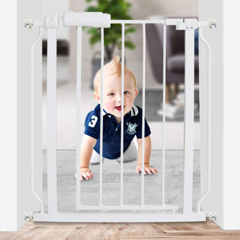 Photo 1 of WAOWAO Narrow Baby Gate Easy Walk Thru Pressure Mount Auto Close White Metal Child Dog Pet Safety Gates 30.7in Tall for Stairs,Doorways,Kitchen and Living Room 24.02-29.13 in
