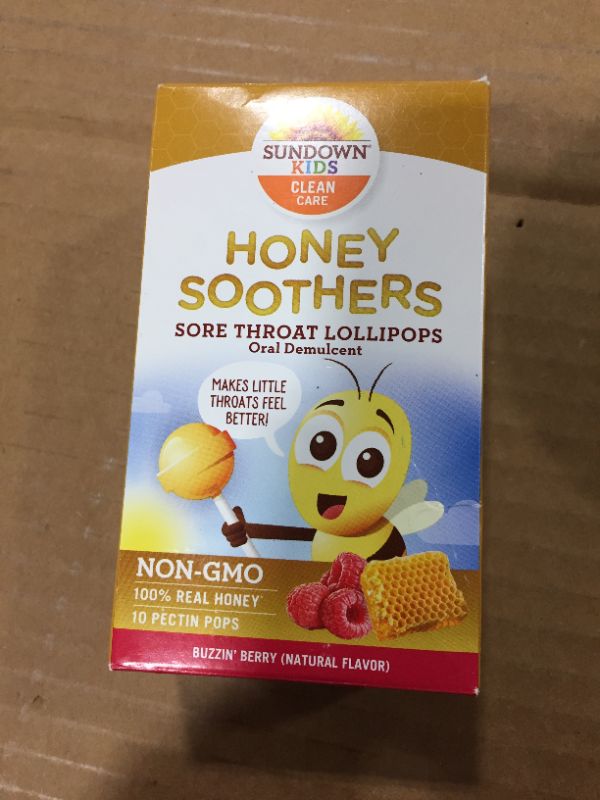 Photo 2 of  Sundown Kids Honey Soother Sore Throat Lollipops, Non-GMO, Rasberry, 10 Pectin Pops
bb 8/21