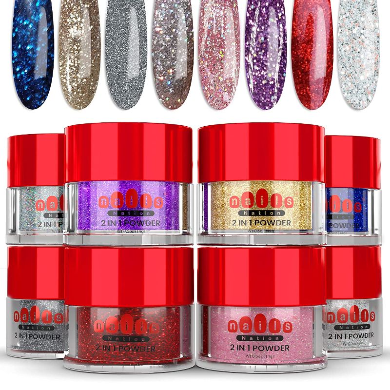 Photo 1 of Dip Powder Nail Kit Starter - 8 Glitter Colors of 2-in-1 Nail Powder - Dip Application - No-Chip Shine for 3 Weeks - Strengthens Natural Nails - Fine Consistency, Easy Application
