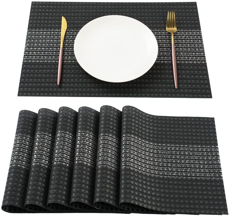 Photo 1 of AHHFSMEI Placemats?Placemats Set of 6 for Dining Table Washable Woven Vinyl Non-Slip Placemat Heat-Resistant Durable Table Mats for Dining Table Easy to Clean?Black Sequins?
