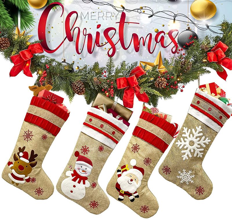 Photo 1 of CHIN FAI Christmas Stockings for Family 4 Pack 18.5" Large Size Burlap Christmas Stockings, Santa Snowman Reindeer Snowflake Xmas Character Fireplace Hanging Stockings Decorations
