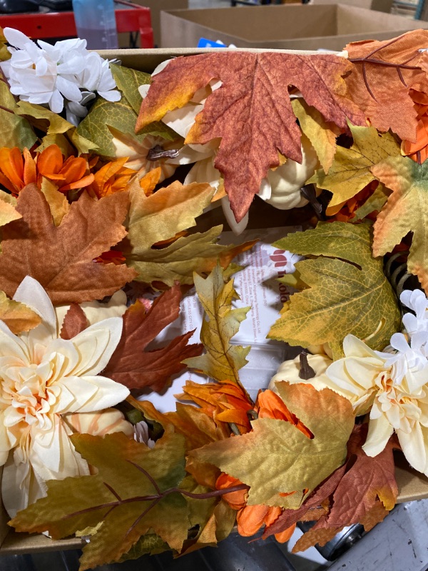 Photo 2 of Autumn Fall Wreath with 20 Lights, 19.7inch Halloween Wreath, with Pumkin, Daisy, Chrysanthemums, Maple Leaves for Christmas Decorations Thanksgiving Gift, Fall Wreath for Halloween Decoration
