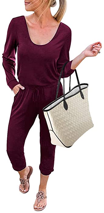 Photo 1 of KIRUNDO Women's Jumpsuit Casual Loose Long Sleeve Crewneck Jumpsuit Elastic Waist Stretchy Soft Romper Jumpsuit
