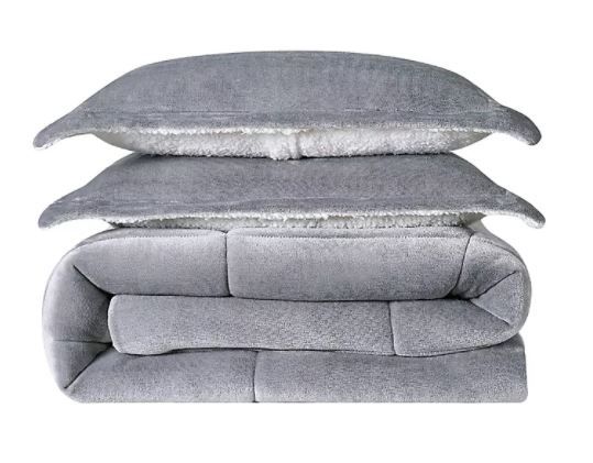 Photo 1 of Amazon Basics Ultra-Soft Micromink Sherpa Comforter Bed Set - Charcoal, Full/Queen

