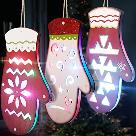 Photo 1 of  Solution4Patio Pack of 3 Rustic Wooden Hanging Christmas Ornament Signs LED Light Gloves 9" x 15.7" x 0.8", Holidays Decor, Warming Gift
