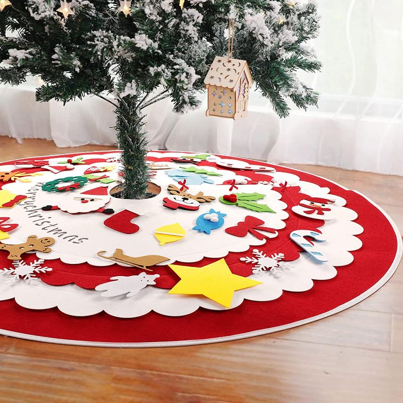 Photo 1 of Christmas Tree Skirt 42 inches DIY Felt Tree Skirts with 35 Pcs Ornaments Christmas Tree Decorations Indoor Outdoor Festival Holiday Decor (Red White and Green)
