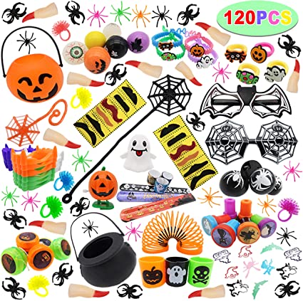 Photo 1 of 120 PCs Halloween Assortment Party Favors Toys for Halloween Trick or Treat Goody Bags Prizes, Classroom Reward, Miniature Novelty Goodie Bag Fillers, Treasure Chest Toys.
