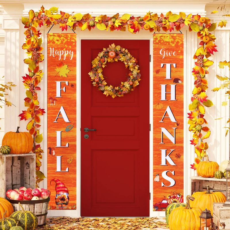 Photo 1 of Fall Door Decor Sign, Fall Porch Banner with Pumpkin Maple Leaves Gnomes, Front Porch Sign Hanging Fall Banner Thanksgiving Autumn Harvest Fall Decorations for Home Outdoor Party
