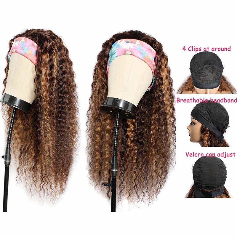 Photo 1 of Highlight Headband Wigs Human Hair Water Wave 20 Inch Glueless Headband Wigs Brazilian Deep Cury None Lace Front Wigs Machine Made 180% Density Wigs Curly Hair
