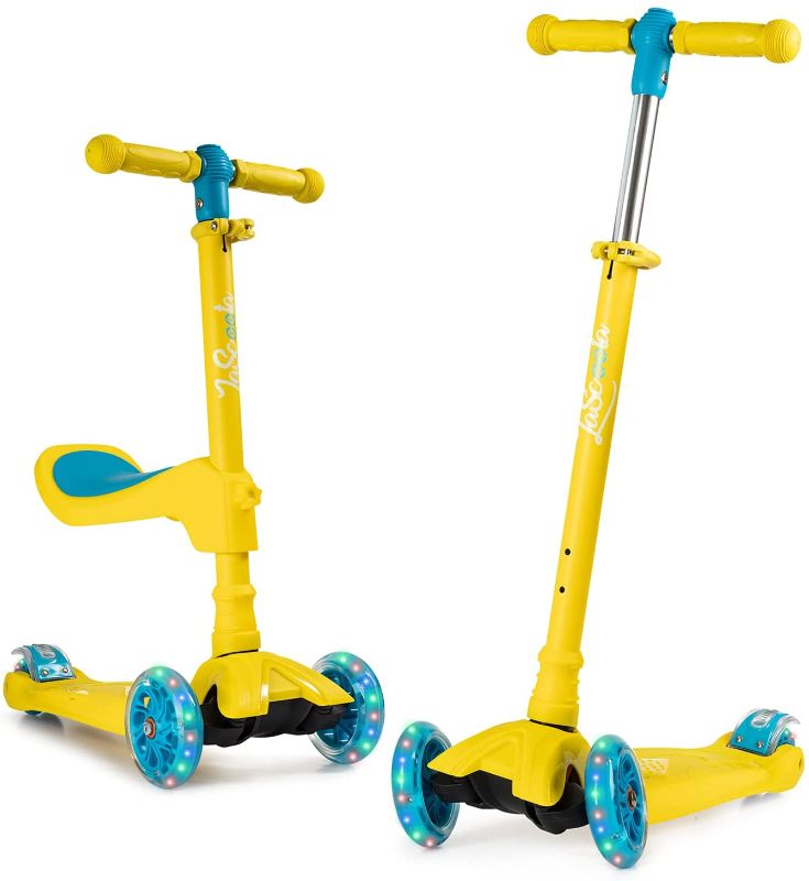 Photo 1 of LaScoota 2-in-1 Kids Kick Scooter, Adjustable Height Handlebars and Removable Seat, 3 LED Lighted Wheels and Anti-Slip Deck, for Boys & Girls Aged 2-12 and up to 100 Lbs.
