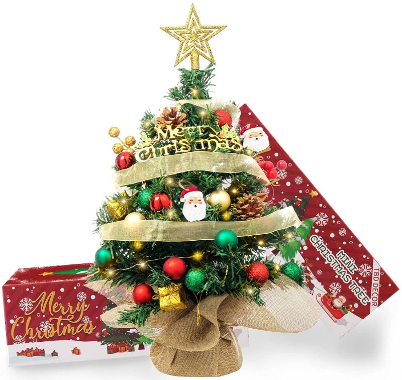 Photo 1 of 20'/50cm Mini Christmas Tree,Artificial Small Christmas Tree with Led Lights/Ornaments, Tabletop Christmas Tree for Kids Christmas Decoration Gifts(Green&Red)
