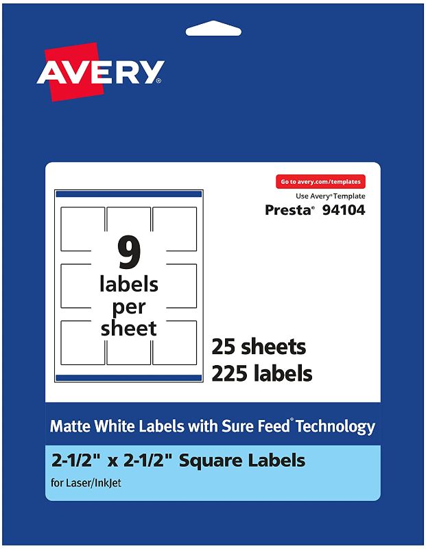 Photo 1 of Avery Matte White Square Labels with Sure Feed, 2.5" x 2.5", 225 Matte White Printable Labels
