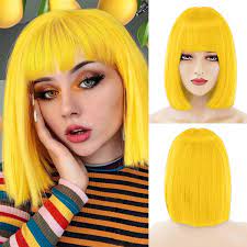 Photo 1 of Akkya Short Bob Wig with Bangs Black Pink Blue Purple Red Green Blonde Orange Brown Yellow Hair Hot Colorful Colored Bob Cut Costume Halloween Wigs for Women Kids
