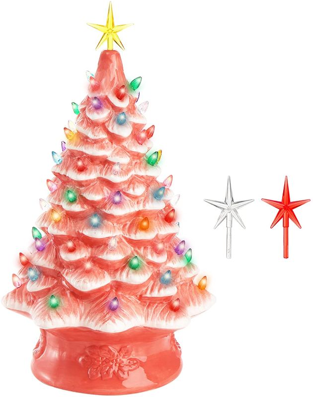 Photo 1 of DEAYOU 18" Ceramic Christmas Tree, Battery-Operated Porcelain Christmas Tree with 3 Star Toppers, Pre-Lit Hand-Painted Vintage Pottery Tree for Tabletop, Holiday Decor (Pink, Multicolored Lights)
